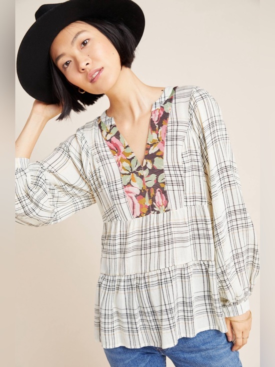 Anthropologie Tops - Anthropologie Darlene Plaid Peasant Blouse XL